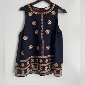 Floral Embroidered Navy Sleeveless Top